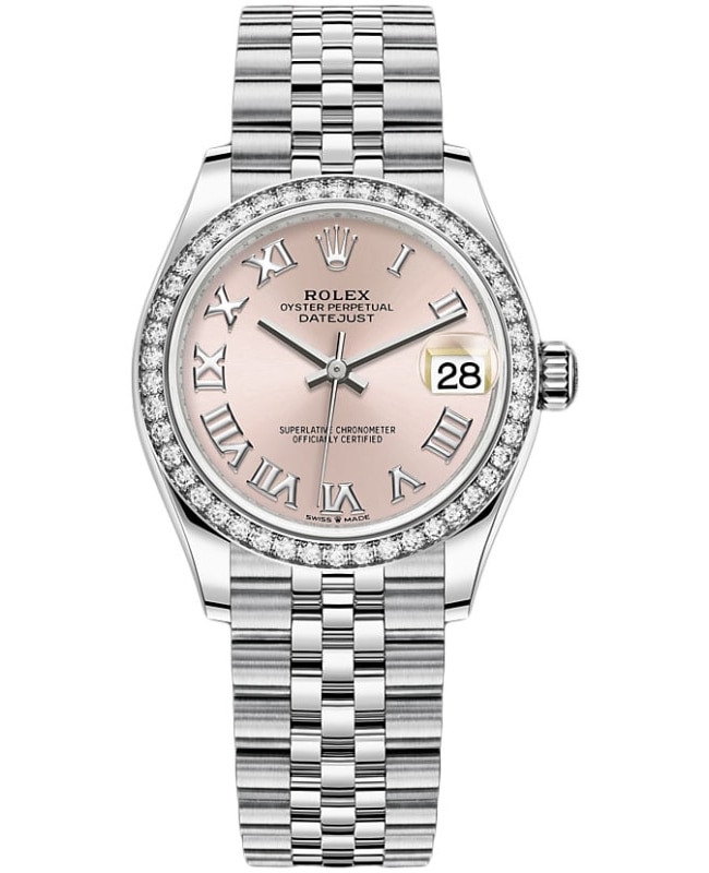 Rolex Datejust 31 Stainless Steel and White Gold Pink Roman Dial Diamond Bezel Women's Watch M278384RBR-0024