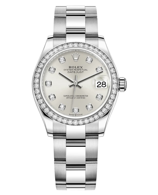 Rolex Datejust 31 Stainless Steel and White Gold Silver Diamond Dial Diamond Bezel Women's Watch M278384RBR-0033