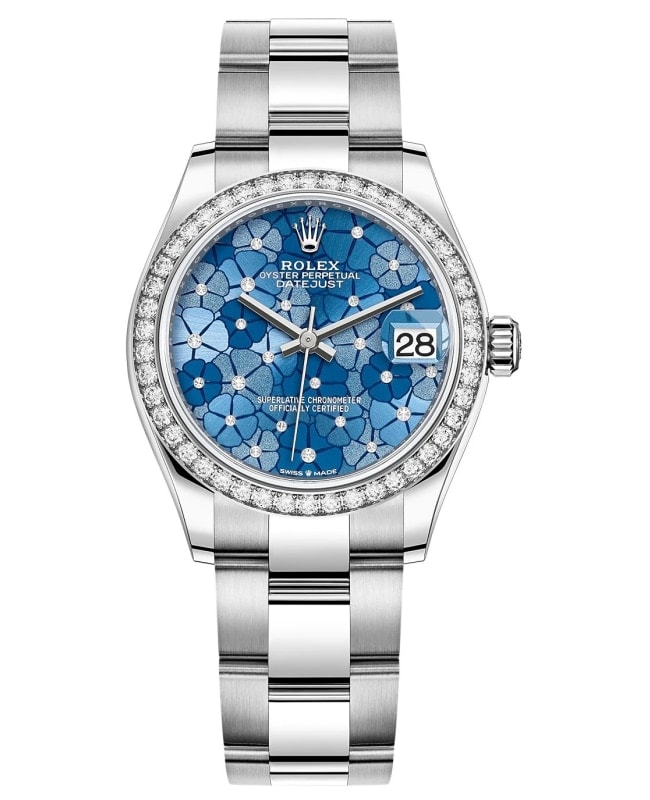 Rolex Datejust 31 Stainless Steel and White Gold Azzurro-Blue-Floral-Motif Diamond Dial Diamond Bezel Women's Watch M278384RBR-0039