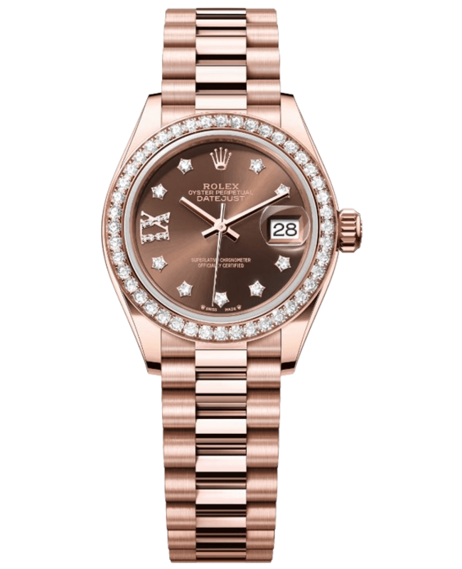 Rolex LadyDatejust 28 Everose Gold Automatic Diamonds Chocolate Dial President Bracelet Womens Watch m279135rbr0001 M279135RBR0001