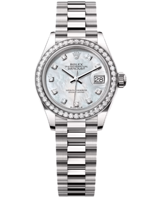 Rolex LadyDatejust 28 Automatic Diamond White Mother of Pearl Dial 18K White Gold President Bracelet Womens Watch M279139RBR0008 M279139RBR0008