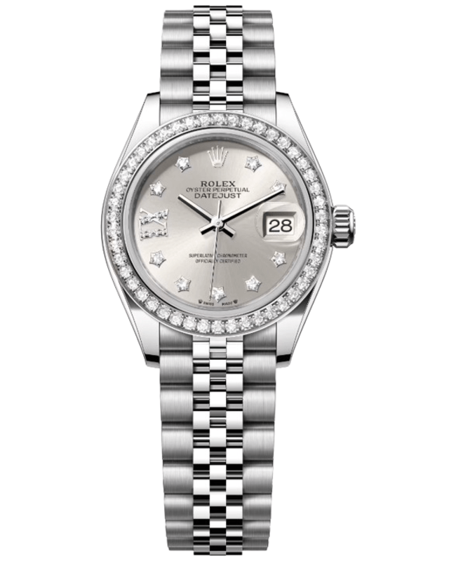 Rolex LadyDatejust 28 Automatic Silver Dial White Gold Diamond Bezel Steel Womens Watch M279384RBR0021 M279384RBR0021
