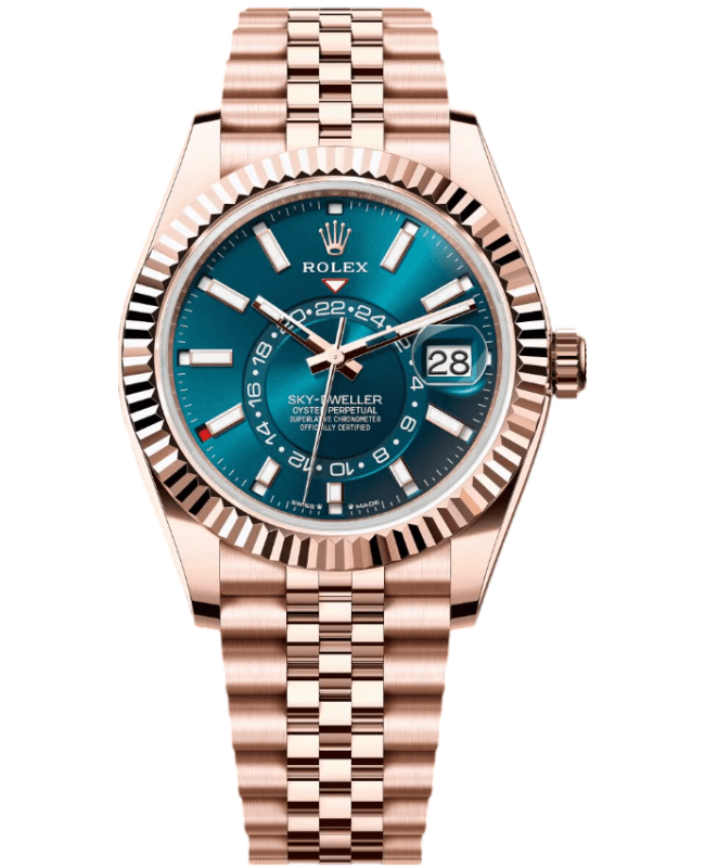 Rolex SkyDweller Rose Gold Automatic Blue Dial Jubilee Bracelet Mens Watch M3369350005 M3369350005