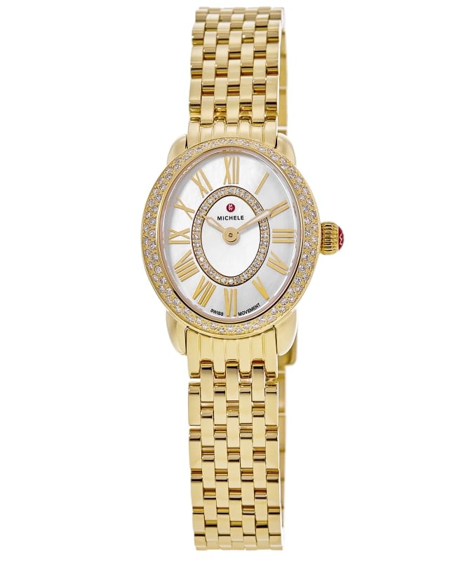 Michele Serein Diamond Oval Mother of Pearl Dial 18K Gold-Plated Stainless Steel Women's Watch MWW21H000003