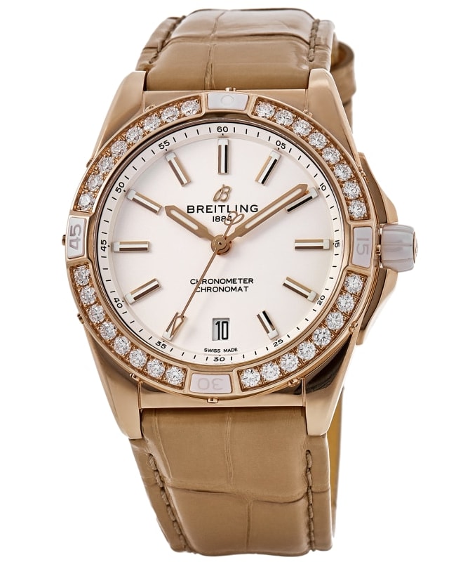 Breitling Super Chronomat Automatic 38 Origins Beige Dial 18K Rose Gold Diamond Bezel Leather Strap Women's Watch R17356531G1P1