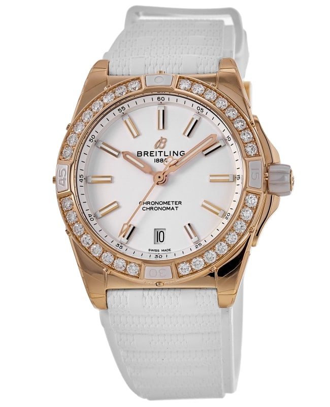 Breitling Super Chronomat Automatic 38 Origins Beige Dial 18K Rose Gold Diamond Bezel Rubber Strap Women's Watch R17356531G1S1
