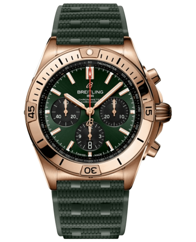 Breitling Chronomat B01 42 Automatic Chronograph Green Dial 18K Rose Gold Rubber Strap Men's Watch RB0134101L1S1
