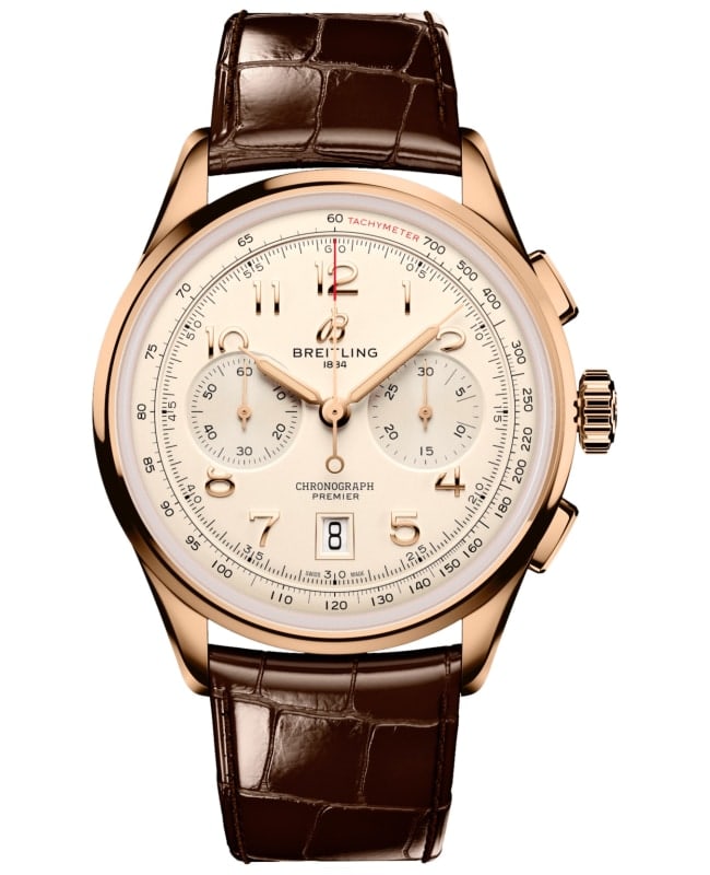 Breitling Premier B01 Chronograph 42 Cream Dial 18k Rose Gold Leather Strap Men's Watch RB0145371G1P1