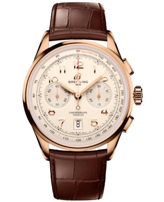 Breitling Premier B01 Chronograph 42 Automatic Cream Dial 18K Rose Gold Leather Strap Men's Watch RB0145371G1P2