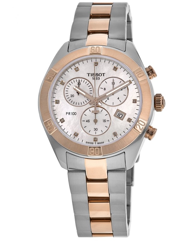 Tissot PR 100 Chronograph Mother of Pearl Diamond Dial Two Tone Stainless Steel Women's Watch T101.917.22.116.00