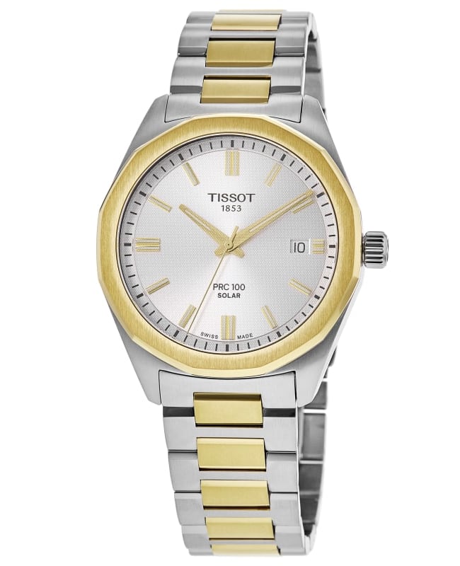 Tissot PRC100 Solar Silver Dial Two-Tone Yellow Gold PVD Steel Men's Watch T151.422.22.031.00