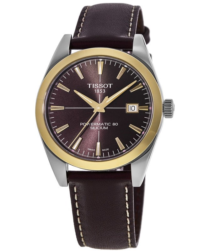 Tissot Gentleman Powermatic 80 Brown Dial 18K Gold Bezel Leather Strap Men's Watch T927.407.46.291.01