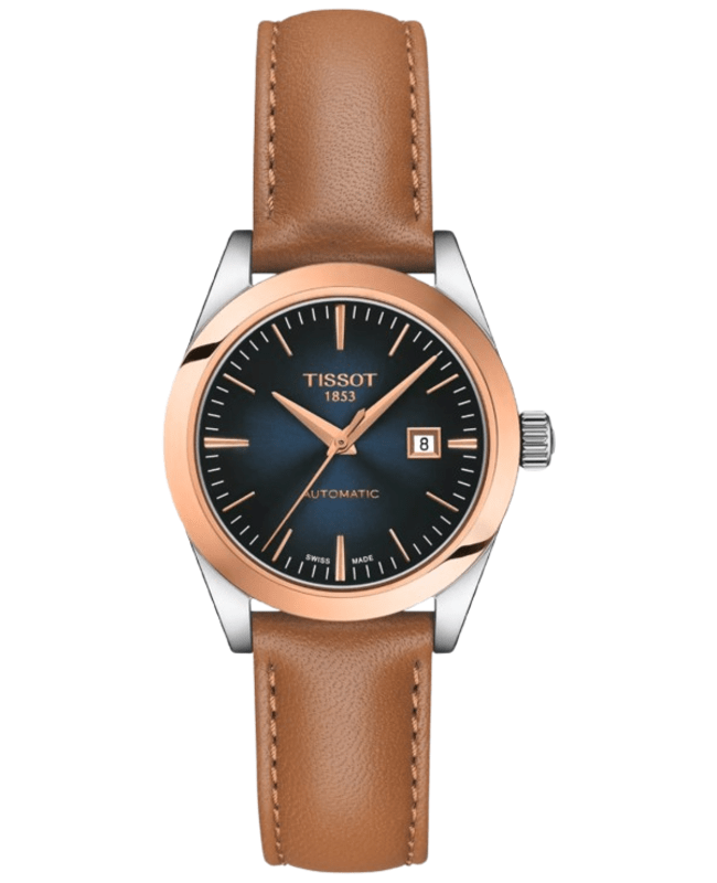 Tissot T-My Lady Automatic Blue Dial 18K Rose Gold Bezel Leather Strap Women's Watch T930.007.46.041.00