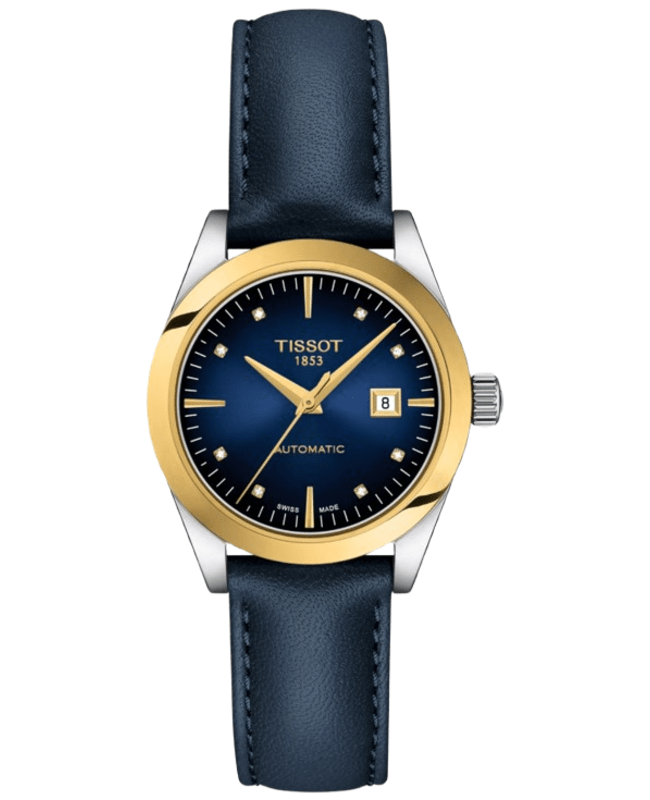 Tissot T-My Lady Automatic Blue Diamond Dial 18K Yellow Gold Bezel Leather Strap Women's Watch T930.007.46.046.00