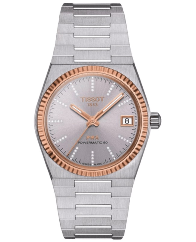 Tissot PRX Powermatic 80 35mm Automatic Grey Diamond Dial 18K Rose Gold Bezel Steel Women's Watch T931.207.41.336.00
