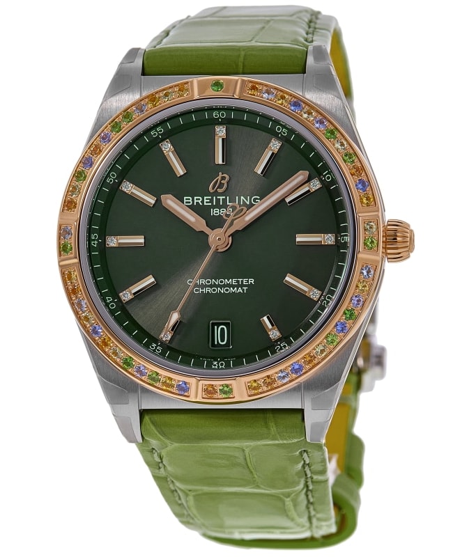 Breitling Chronomat Automatic 36 South Sea Green Diamond Dial Leather Strap Women's Watch U10380611L1P1