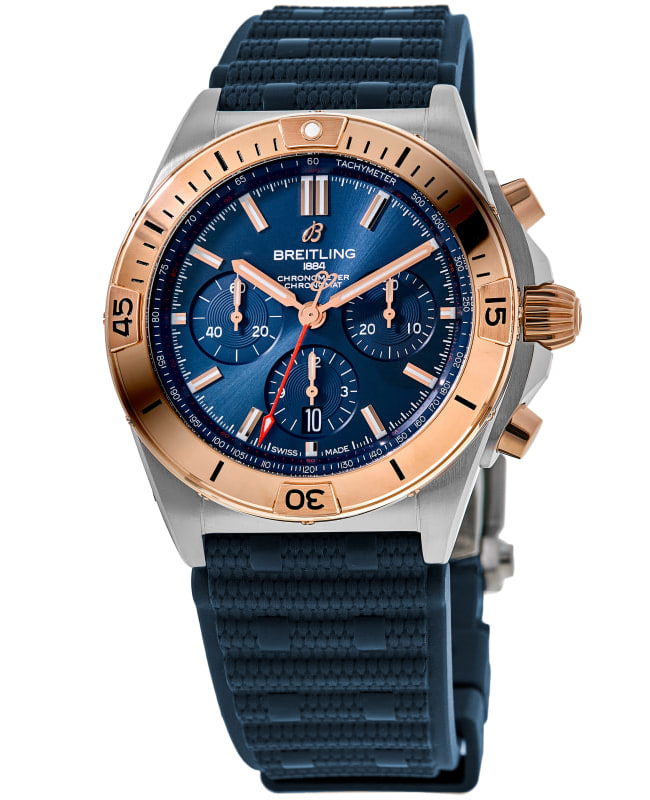 Breitling Chronomat B01 Chronograph Blue Dial 18K Rose Gold Bezel Rubber Strap Men's Watch UB0134101C1S1