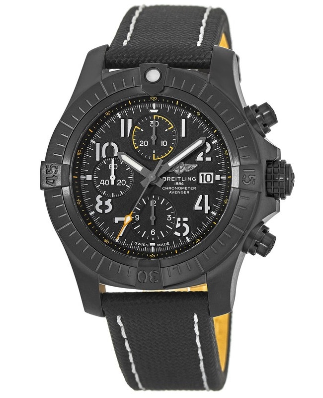Breitling Avenger Chronograph 45 Night Mission Black Dial Leather Strap Men's Watch V13317101B1X1