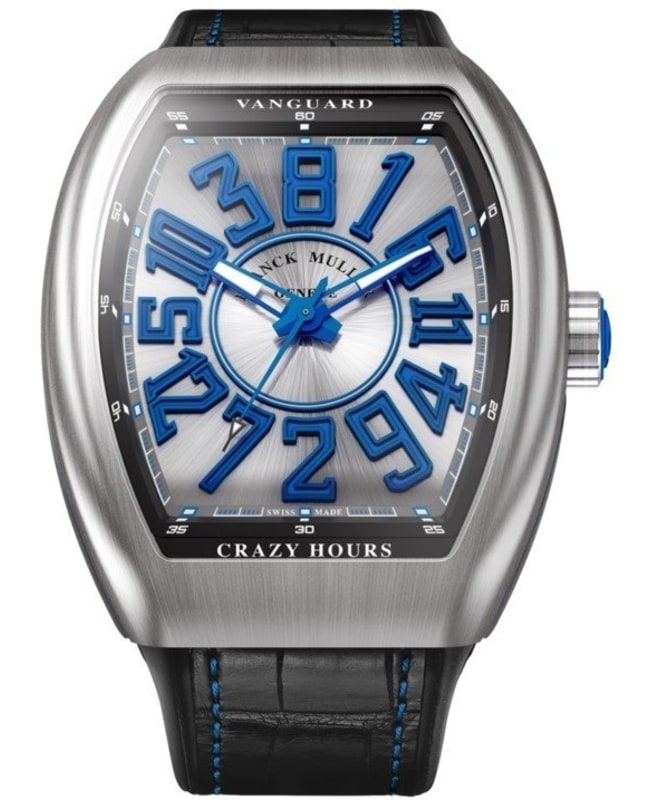 Franck Muller Vanguard Crazy Hours Silver Blue Dial Black Leather Strap Men's Watch V 45 CH BR (BL)