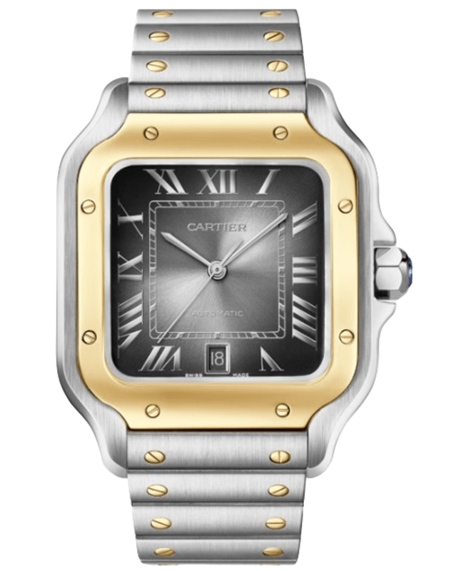 Cartier Santos De Cartier Automatic Grey Dial 18K Yellow Gold Bezel Steel Men's Watch W2SA0030