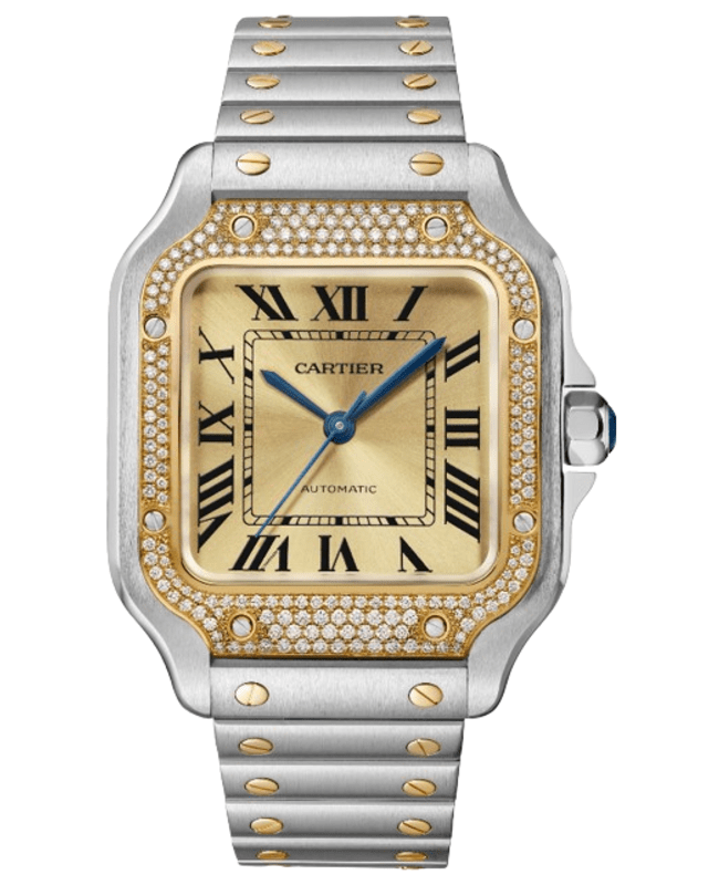Cartier Santos De Cartier Medium Automatic Champagne Dial 18K Yellow Gold Diamond Bezel Steel Womens Watch W3SA0007 W3SA0007
