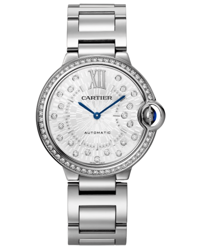 Cartier Ballon Bleu de Cartier Medium Automatic Silver Dial Diamond Bezel Steel Womens Watch W4BB0036 W4BB0036