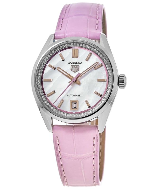 Tag Heuer Carrera Date Automatic White Mother of Pearl Diamond Dial Leather Strap Women's Watch WBN2315.FC8331
