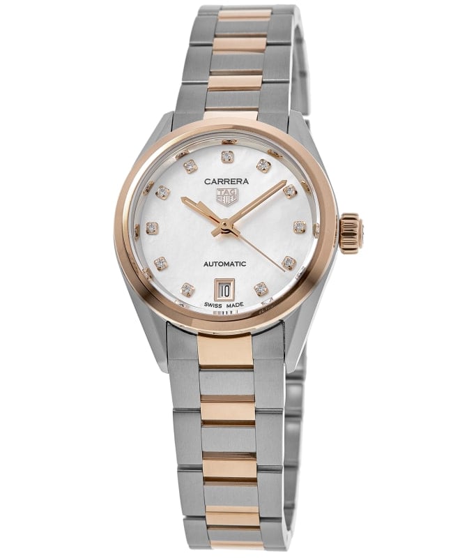 Tag Heuer Carrera Date White Mother of Pearl Diamond Dial Two-Tone 18k Rose Gold & Steel Women's Watch WBN2450.BD0569