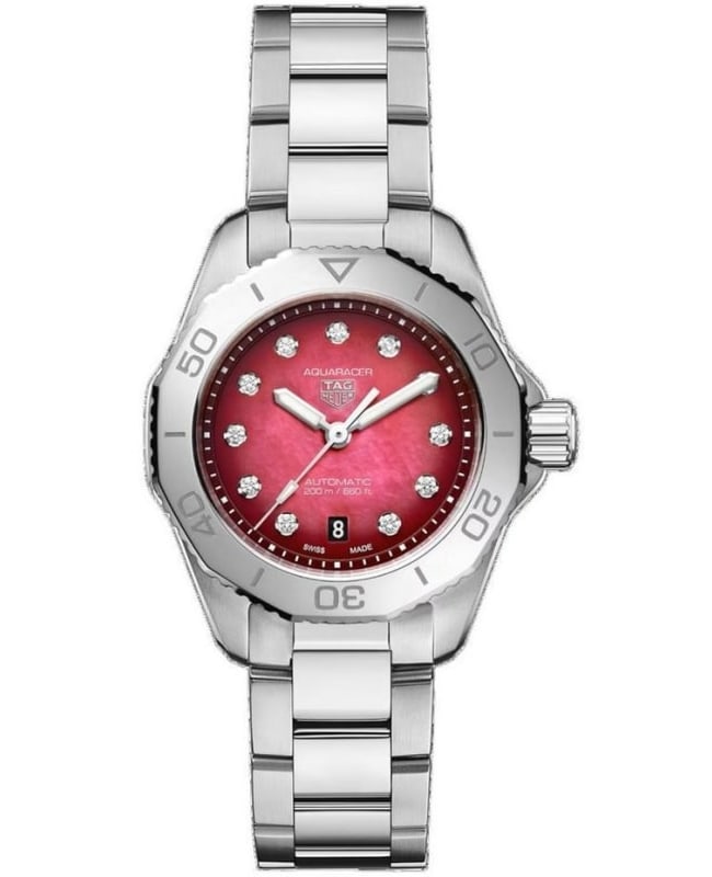 Tag Heuer Aquaracer Professional 200 Date Automatic Red Diamond Dial Stainless Steel Women's Watch WBP2414.BA0622