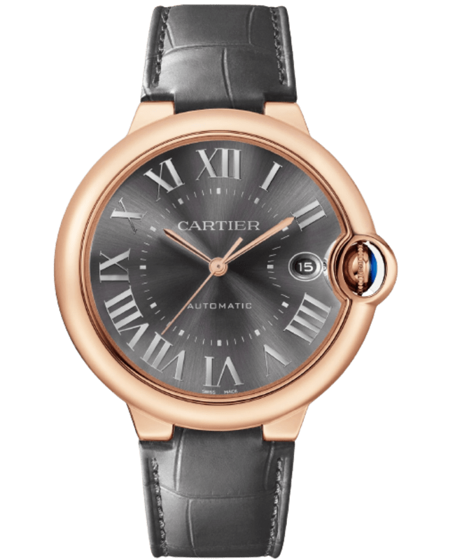 Cartier Ballon Bleu de Cartier Grey Dial 18K Rose Gold Leather Strap Mens Watch WGBB0050 WGBB0050