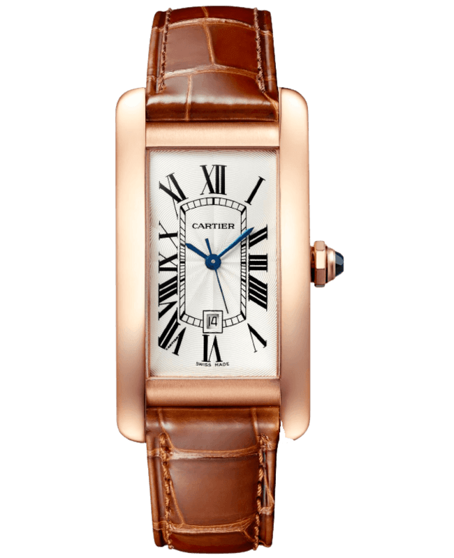 Cartier Tank Americaine Silver Dial Rose Gold Leather Strap Unisex Watch WGTA0046