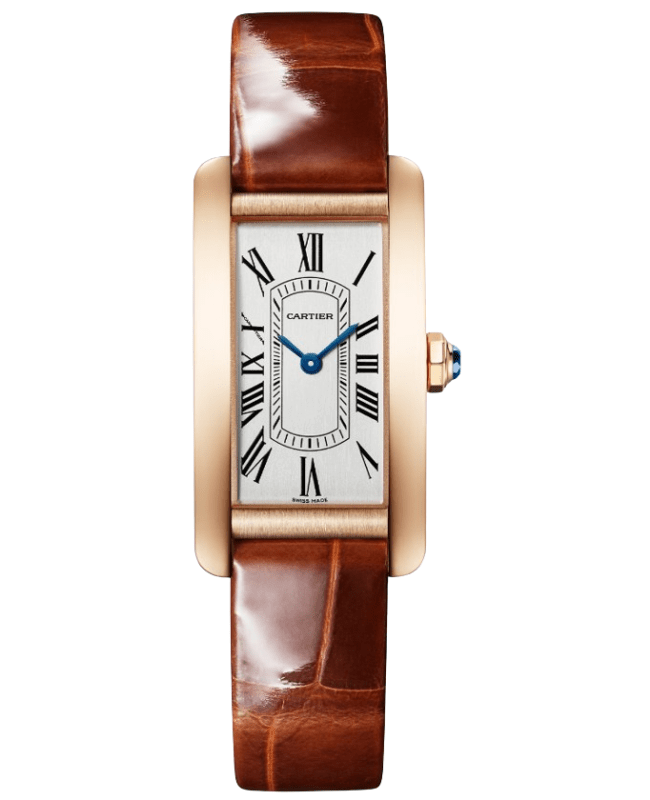 Cartier Tank Americaine Small Quartz Silver Dial 18K Rose Gold Brown Leather Strap Women's Watch WGTA0133
