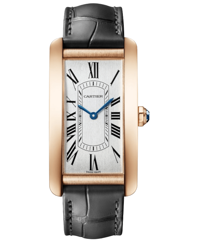 Cartier Tank Americaine Large Automatic Silver Dial 18K Rose Gold Grey Leather Strap Women's Watch WGTA0134