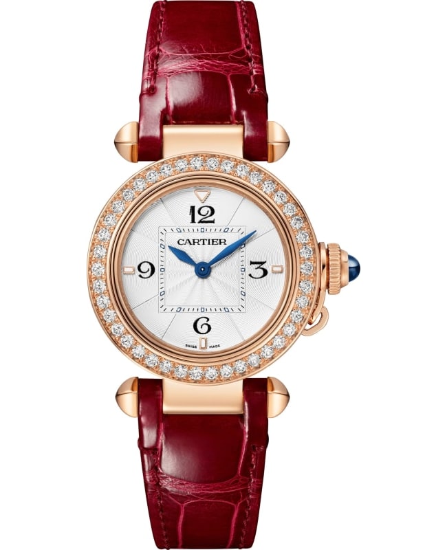 Cartier Pasha De Cartier Opaline Dial Diamond Rose Gold Leather Strap Women's Watch WJPA0017