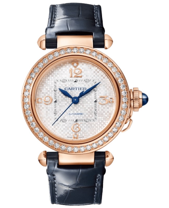 Cartier Pasha De Cartier Automatic Silver Dial 18K Rose Gold Diamond Bezel Blue Leather Strap Women's Watch WJPA0027