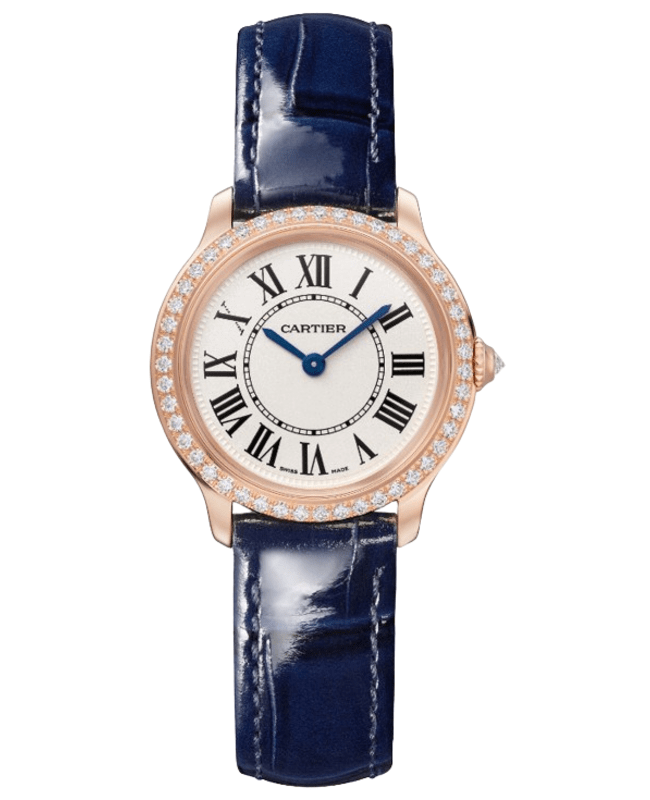 Cartier Ronde Louis Small Small Quartz Beige Dial Diamond Bezel 18K Rose Gold Blue Leather Strap Women's Watch WJRN0009