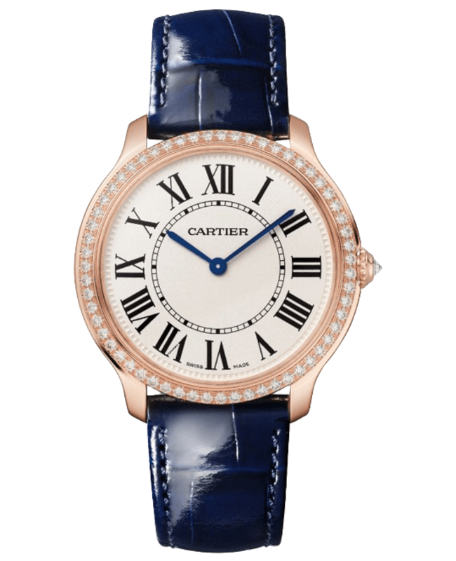 Cartier Ronde Louis Small Quartz Beige Dial Diamond Bezel 18K Rose Gold Blue Leather Strap Women's Watch WJRN0010