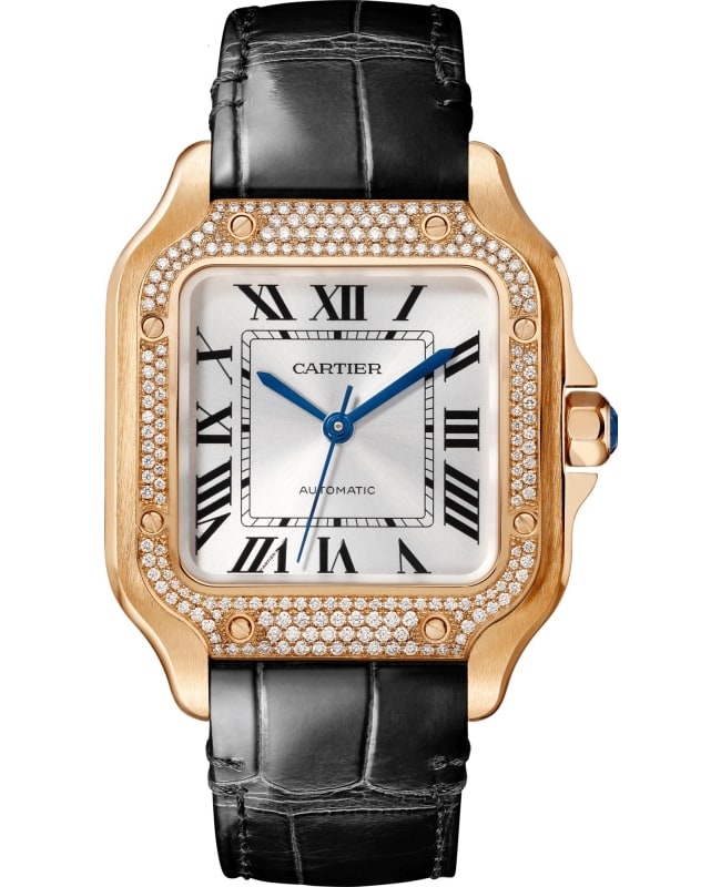 Cartier Santos De Cartier Medium Silver Dial 18K Rose Gold Diamond Leather Strap Women's Watch WJSA0012