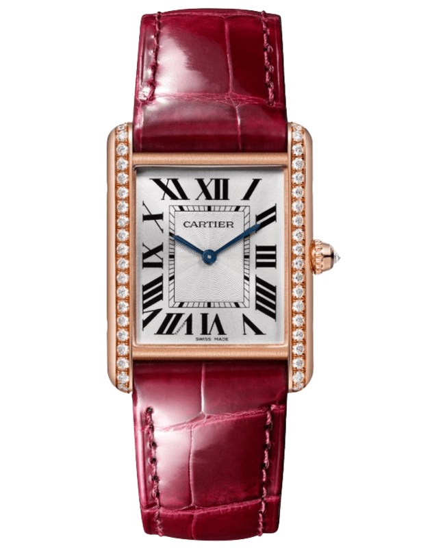 Cartier Tank Louis Cartier Large Manual Winding Silver Dial Diamond 18K Rose Gold Red Leather Strap Women's Watch WJTA0038