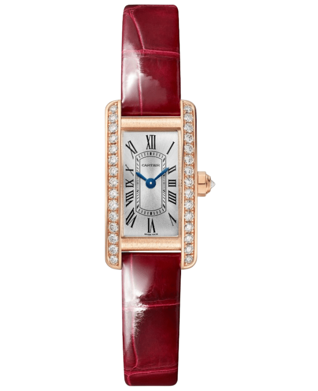 Cartier Tank Americaine Mini Quartz Silver Dial Diamond 18K Rose Gold Red Leather Strap Women's Watch WJTA0041