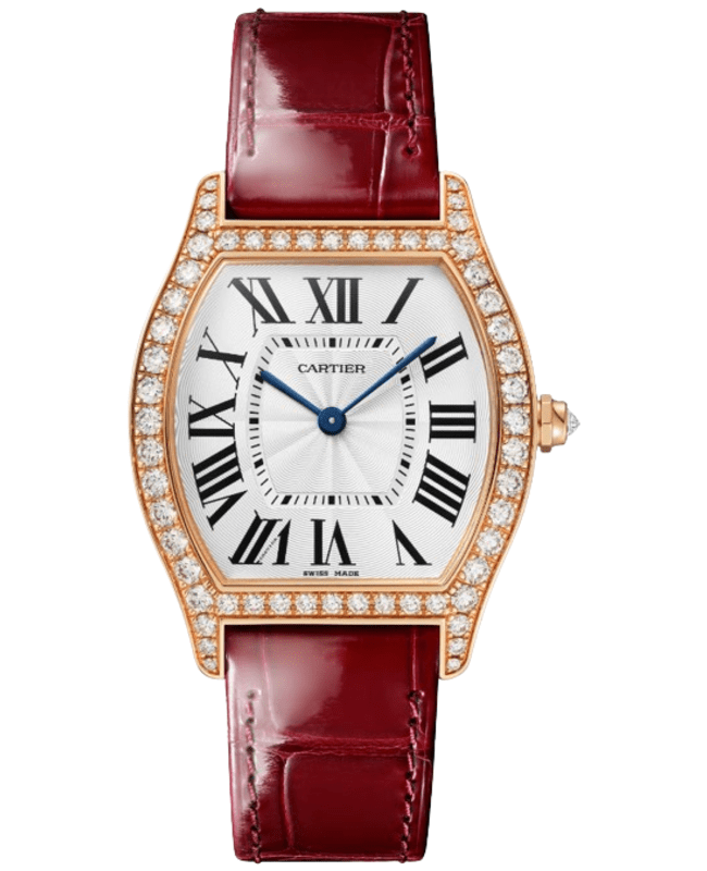 Cartier Tortue de Cartier Medium Manual Winding Silver Dial 18K Rose Gold Diamond Bezel Leather Strap Women's Watch WJTO0009