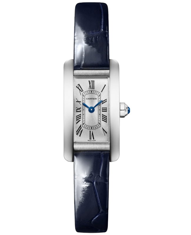 Cartier Tank Americaine Quartz Mini Silver Dial Blue Leather Strap Women's Watch WSTA0081