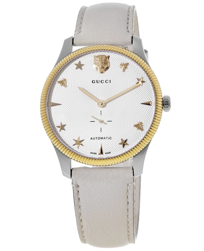 Gucci G-Timeless Automatic Silver Dial White Leather Strap Men's