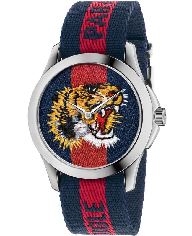 Gucci Le Marche Des Merveilles Blue Tiger Motif Dial Nylon