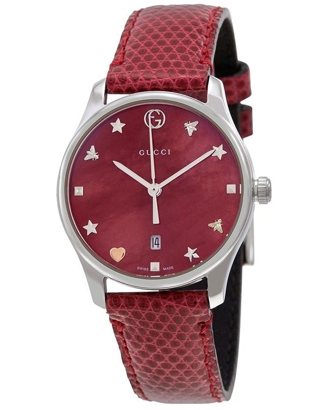 Red Mother of Pearl ☆GUCCI☆ G-Timeless 29 ウォッチ♪ Gucci G-Timeless Red Mother of Pearl Dial Leather Strap