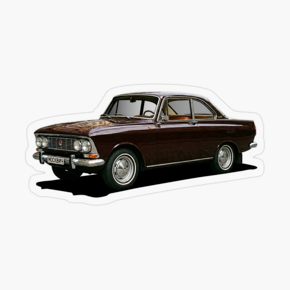 A postcard featuring the Moskvitch 408 Elite GT Coupé design, with a 'stamp' element in the corner.