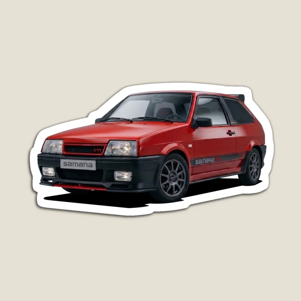 Man wearing a red t-shirt with a graphic of the Lada Samara GTI