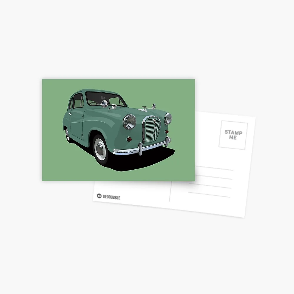 A postcard featuring a green Austin A35 illustration on a green background, with a 'Stamp Me' area on the right.