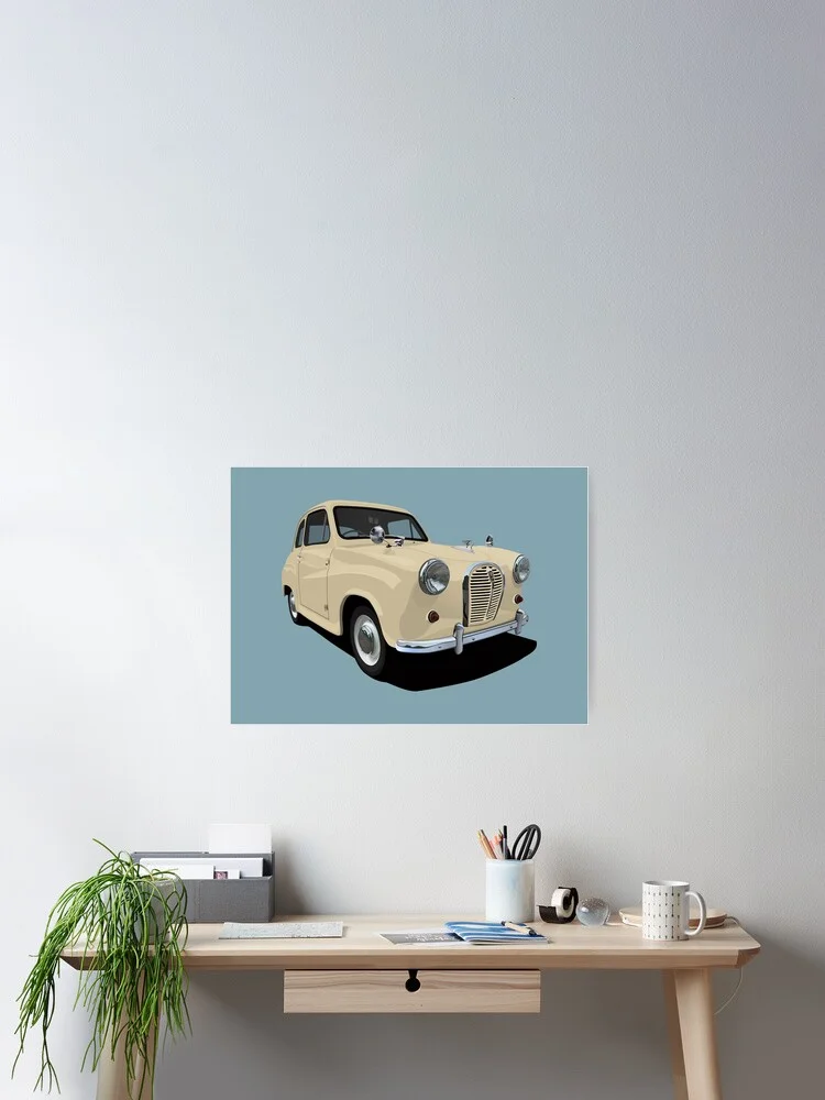 A poster showcasing a cream-coloured Austin A35 illustration against a light blue background, displayed on a wall above a desk.