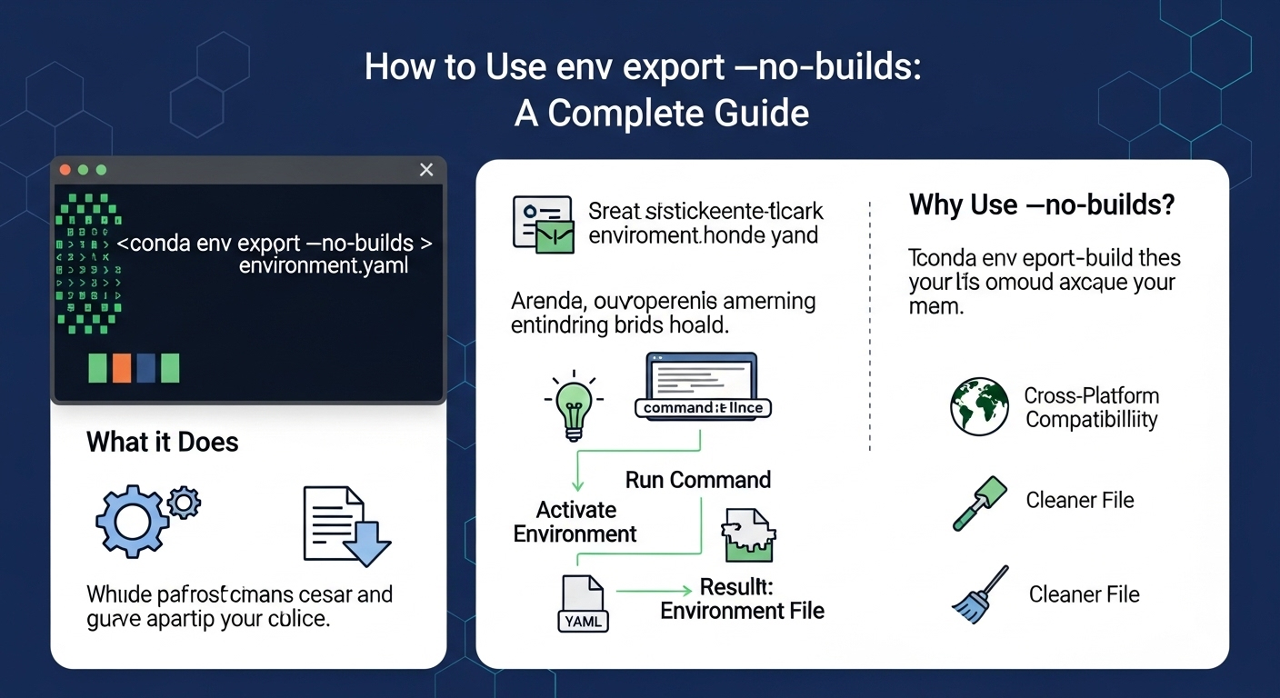 Command line showing the use of conda env export --no-builds to export environment.